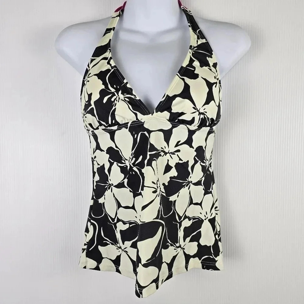 Athleta Black and White Floral Motif Pattern  with Hot Pink Tie Around Neck